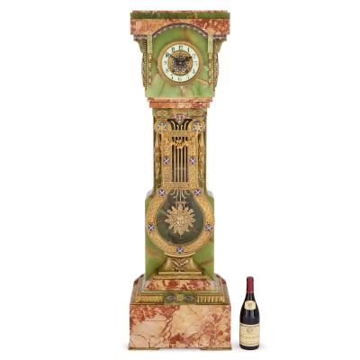 Antique French onyx champlev enamel marble and ormolu pedestal clock