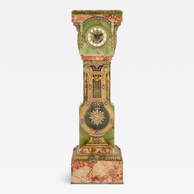 Antique French onyx champlev enamel marble and ormolu pedestal clock