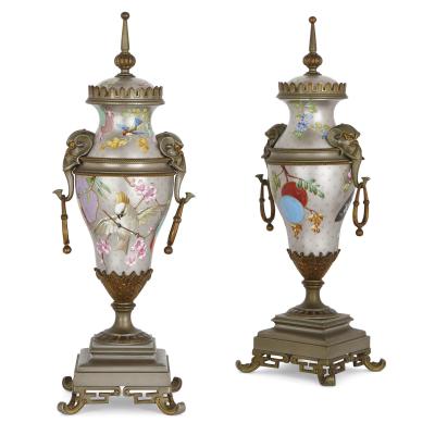 Antique French porcelain gilt and silvered brass clock set