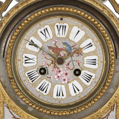 Antique French porcelain gilt and silvered brass clock set