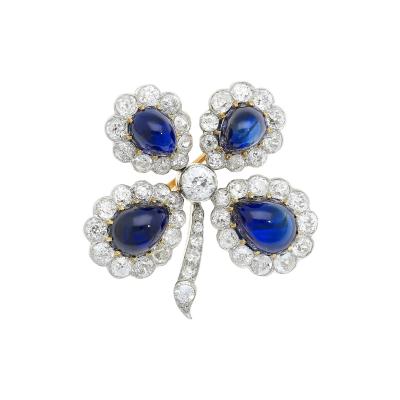 Antique GIA Certified 6 Carat Cabochon Cut Sapphire and Diamond Floral Brooch