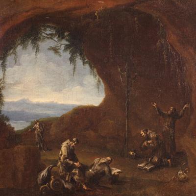 Antique Genoese painting from the 18th century monks praying in a cave