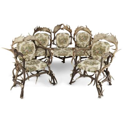 Antique German Antler Settee with Rococo Style Upholstery