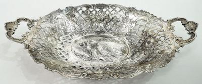 Antique German Hanau Rococo Silver Bowl with Pastoral Scene