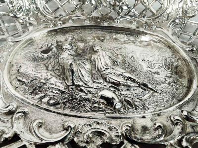 Antique German Hanau Rococo Silver Bowl with Pastoral Scene