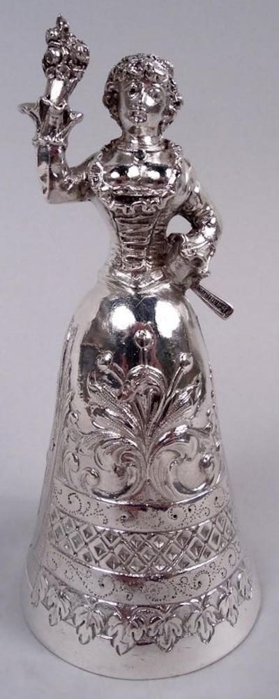 Antique German Hanau Silver Rococo Jungfrau Belle Bell
