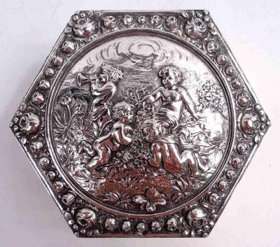Antique German Rococo Flowers Frolics Silver Trinket Box