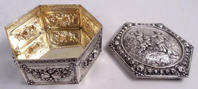 Antique German Rococo Flowers Frolics Silver Trinket Box