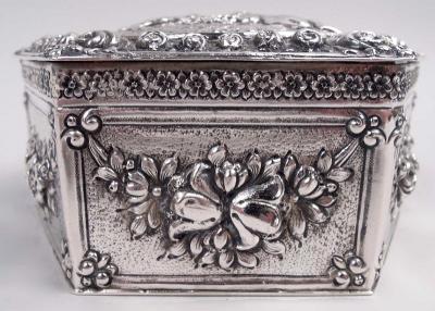 Antique German Rococo Flowers Frolics Silver Trinket Box