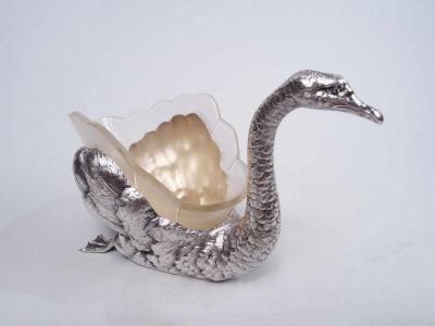 Antique German Silver Figural Swan Bird Bowl with Glass Liner
