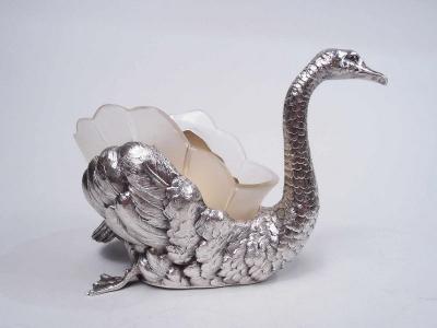 Antique German Silver Figural Swan Bird Bowl with Glass Liner