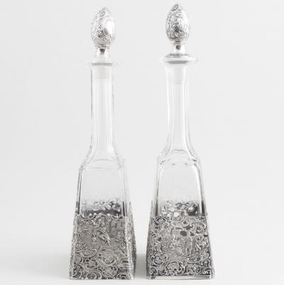 Antique German Silver Overlay Etched Glass Barware Decanter