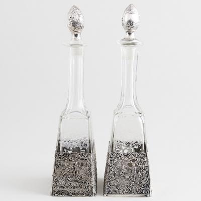 Antique German Silver Overlay Etched Glass Barware Decanter