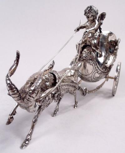 Antique German Silver Rococo Fantasy Goat Harnessed Cupid Coach