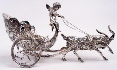 Antique German Silver Rococo Fantasy Goat Harnessed Cupid Coach