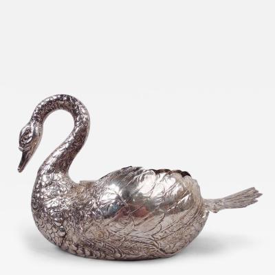 Antique German Silver Swan Bowl with Glass Liner