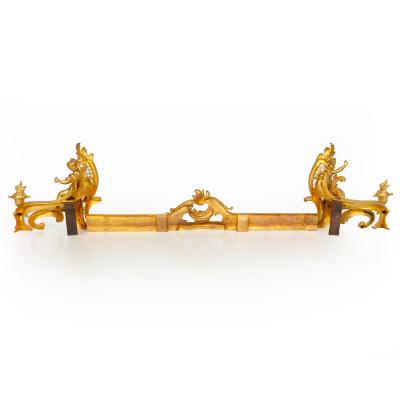 Antique Gilt Bronze Fireplace Fender with Chenets by Bouhon Paris