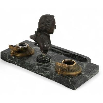 Antique Gilt Patinated Bronze Bust Inkwell on Verde Antico Marble Stand
