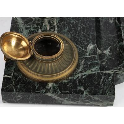 Antique Gilt Patinated Bronze Bust Inkwell on Verde Antico Marble Stand