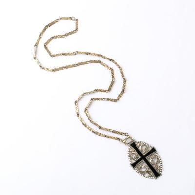 Antique Gilt Silver Enamel Decorated Openwork Cross Pendant Necklace