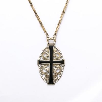 Antique Gilt Silver Enamel Decorated Openwork Cross Pendant Necklace