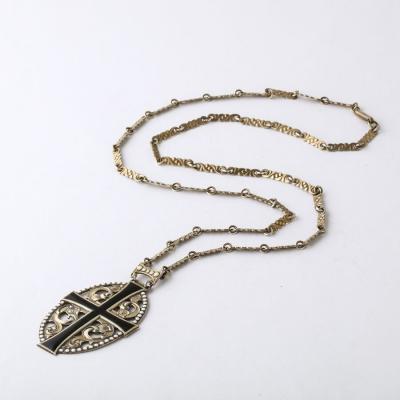 Antique Gilt Silver Enamel Decorated Openwork Cross Pendant Necklace