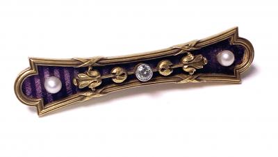 Antique Gold Diamond Pearl Enamel Bar brooch C 1890