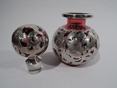 Antique Gorham Art Nouveau Red Silver Overlay Cologne Bottle