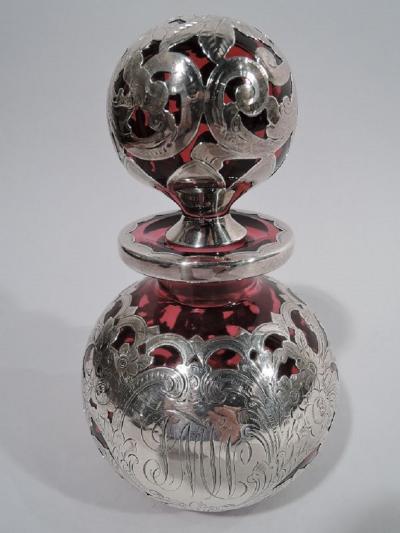 Antique Gorham Art Nouveau Red Silver Overlay Cologne Bottle