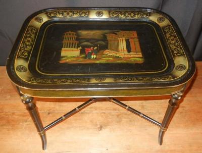 Antique Grand Tour Souvenir Tole Tray Depicting Roman Ruins Custom Stand