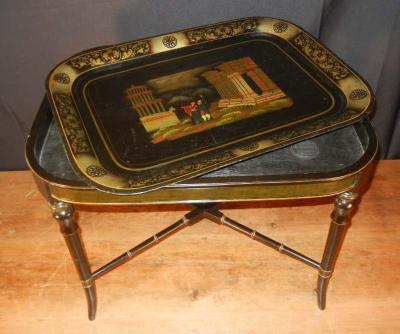 Antique Grand Tour Souvenir Tole Tray Depicting Roman Ruins Custom Stand