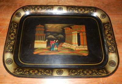 Antique Grand Tour Souvenir Tole Tray Depicting Roman Ruins Custom Stand