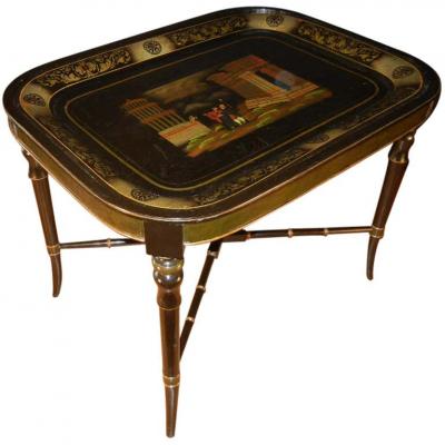 Antique Grand Tour Souvenir Tole Tray Depicting Roman Ruins Custom Stand
