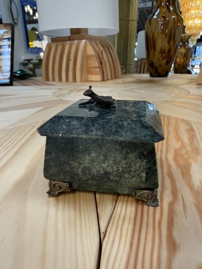 Antique Green Marble Box with Bronze Accents and Animal Finial