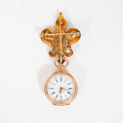 Antique Guilloche Ruby Enamel Diamond and 18 Karat Yellow Gold Lapel Watch