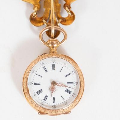 Antique Guilloche Ruby Enamel Diamond and 18 Karat Yellow Gold Lapel Watch