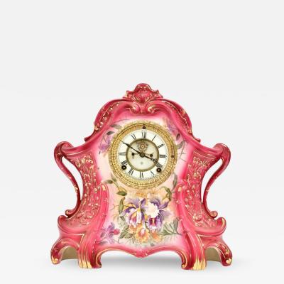 Antique Hand Painted Porcelain La Layon Mantel Clock by Royal Bonn for Ansonia