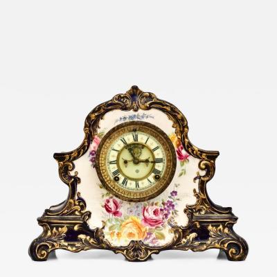Antique Hand Painted Porcelain La Nord Mantel Clock by Royal Bonn for Ansonia
