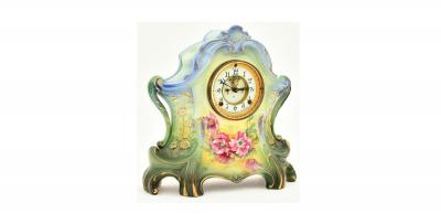 Antique Hand Painted Porcelain Mantel Clock by Royal Bonn for Ansonia