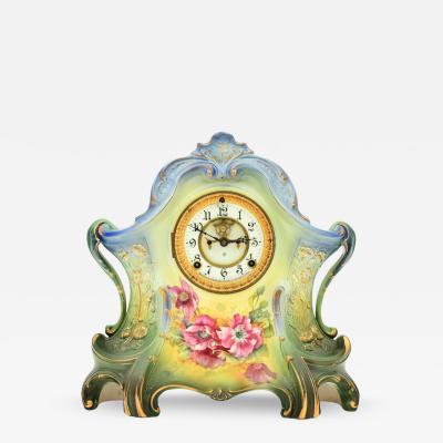 Antique Hand Painted Porcelain Mantel Clock by Royal Bonn for Ansonia
