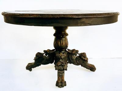 Antique Heavily Carved Griffins Wood Center Game Table on Casters