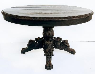 Antique Heavily Carved Griffins Wood Center Game Table on Casters
