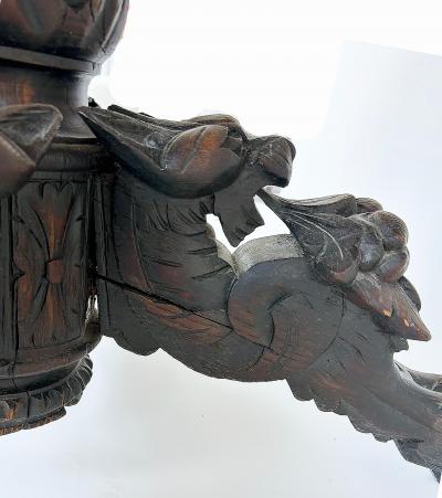 Antique Heavily Carved Griffins Wood Center Game Table on Casters