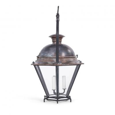 Antique Hexagonal Glass Paneled Domed Copper Lantern