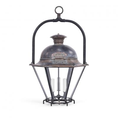 Antique Hexagonal Glass Paneled Domed Copper Lantern