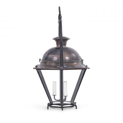 Antique Hexagonal Glass Paneled Domed Copper Lantern
