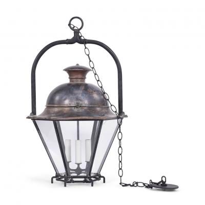 Antique Hexagonal Glass Paneled Domed Copper Lantern