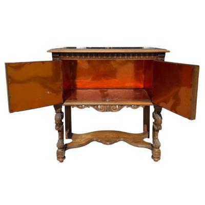 Antique Humidor Cabinet Table With Marble Top Copper Lining