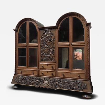 Antique Hungarian Carved Wood Cabinet Folk Art Glass Display Armoire