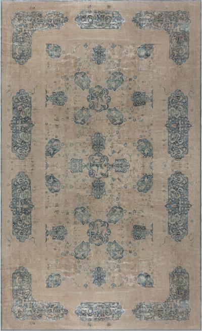Antique Indian Animal Design Beige and Sky Blue Handwoven Wool Rug